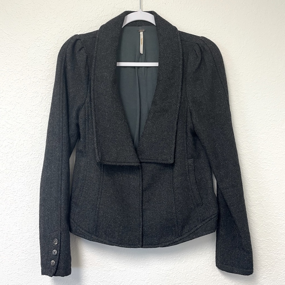 Free People Dark Gray Tweed Puff Shoulder Jacket